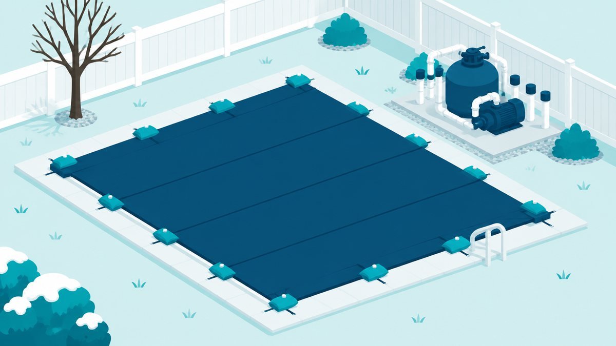 Backyard inground pool closed for winter with a taut solid cover held down by water bags, the equipment pad with capped pipes beside it, a small tree and a fence
