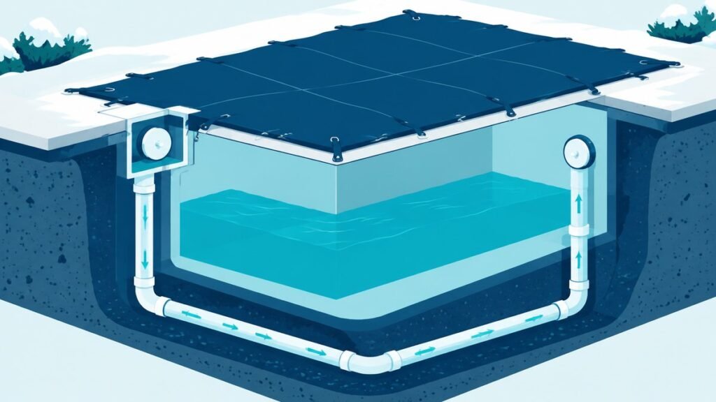Cutaway of an inground pool in winter with the water level lowered below the skimmer, a plug in the skimmer and a plug in the return fitting, the cover on top and turquoise arrows along buried pipes