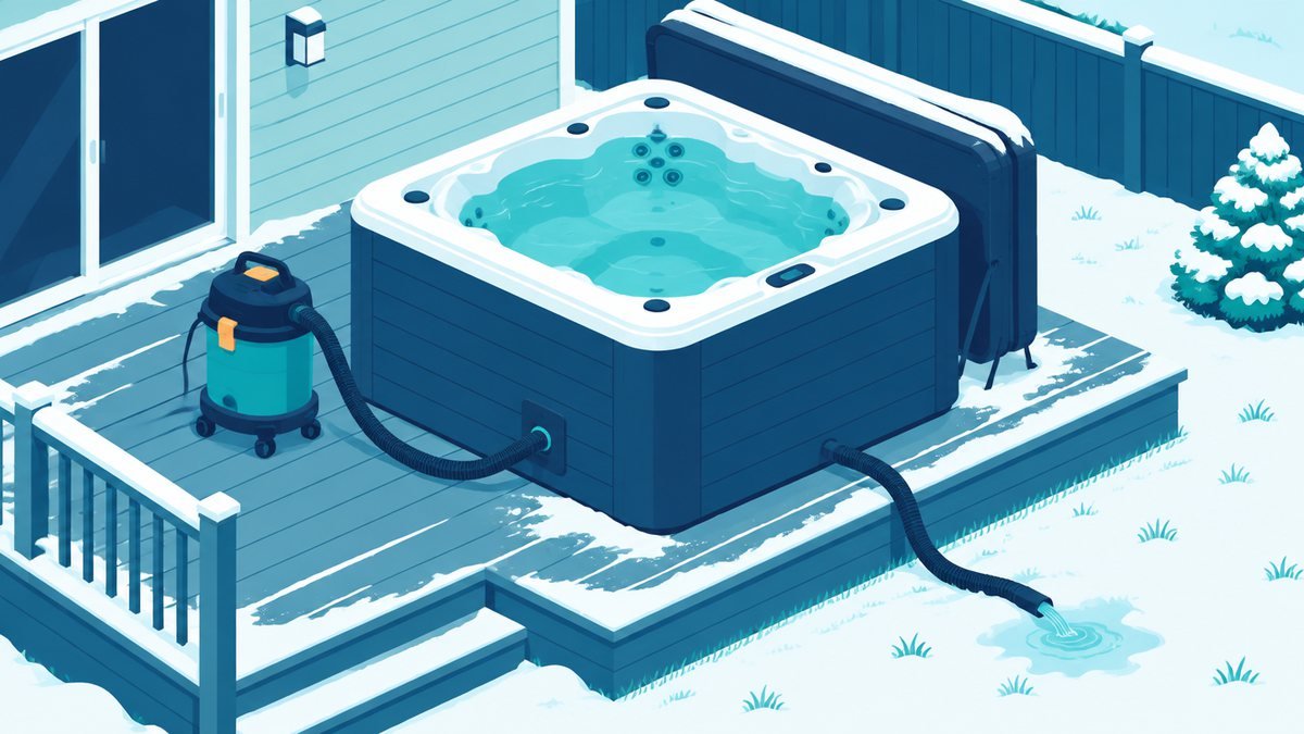 Backyard hot tub with its cover folded back, a wet shop vacuum and a drain hose running to the lawn, and a light dusting of snow on the deck
