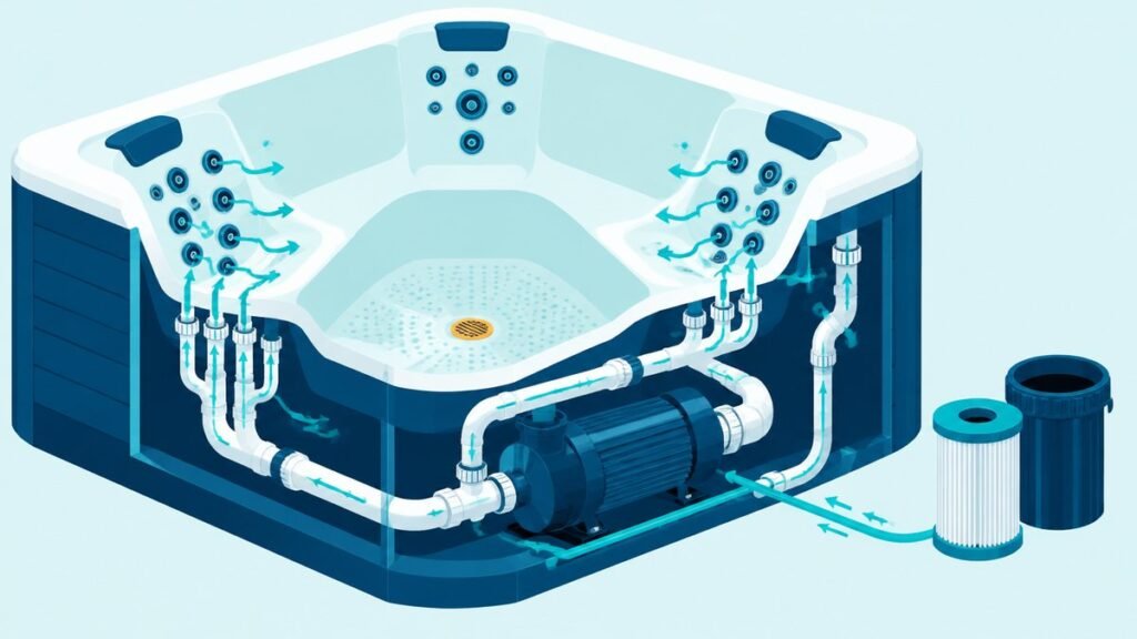 Cutaway of a hot tub showing the footwell drain, jets, pump and plumbing with turquoise arrows for air blown through the lines and the filter removed and set aside