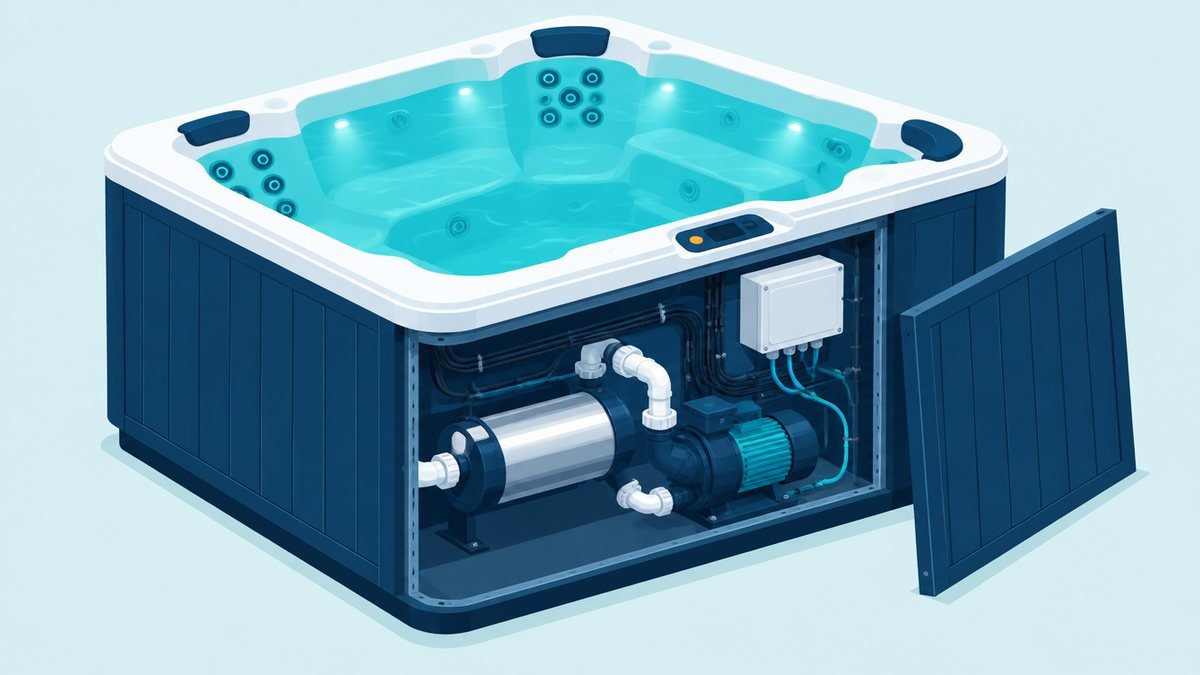 Hot tub with its side panel removed showing the heater, circulation pump and control box with wires, and turquoise water above