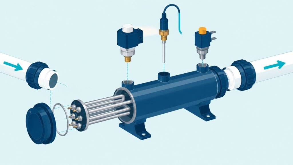 Exploded view of a hot tub heater with a tubular housing, heating element, pressure switch, temperature sensor and high-limit sensor joined by pipes with flow arrows