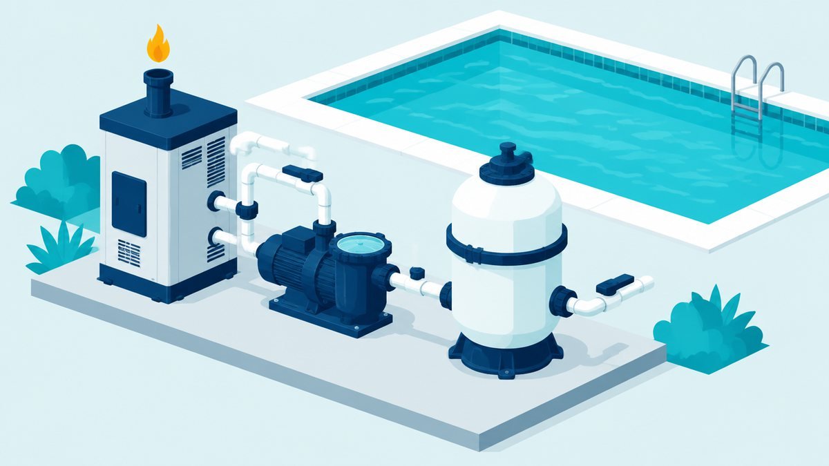 Pool equipment pad with a gas heater, pump and filter joined by pipes, a pool with turquoise water behind and a small flame icon above the heater