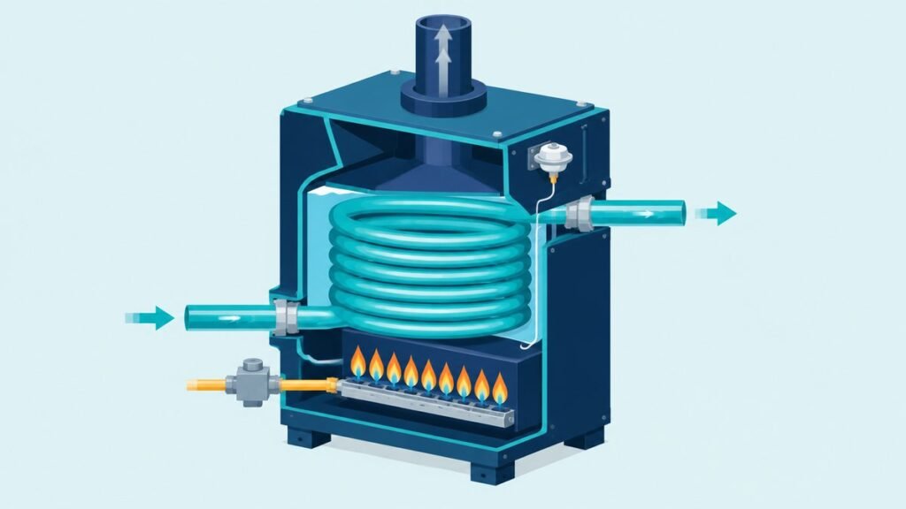 Cutaway of a gas pool heater showing the burner flames, coiled heat exchanger, water inlet and outlet arrows, a small pressure switch and the flue on top