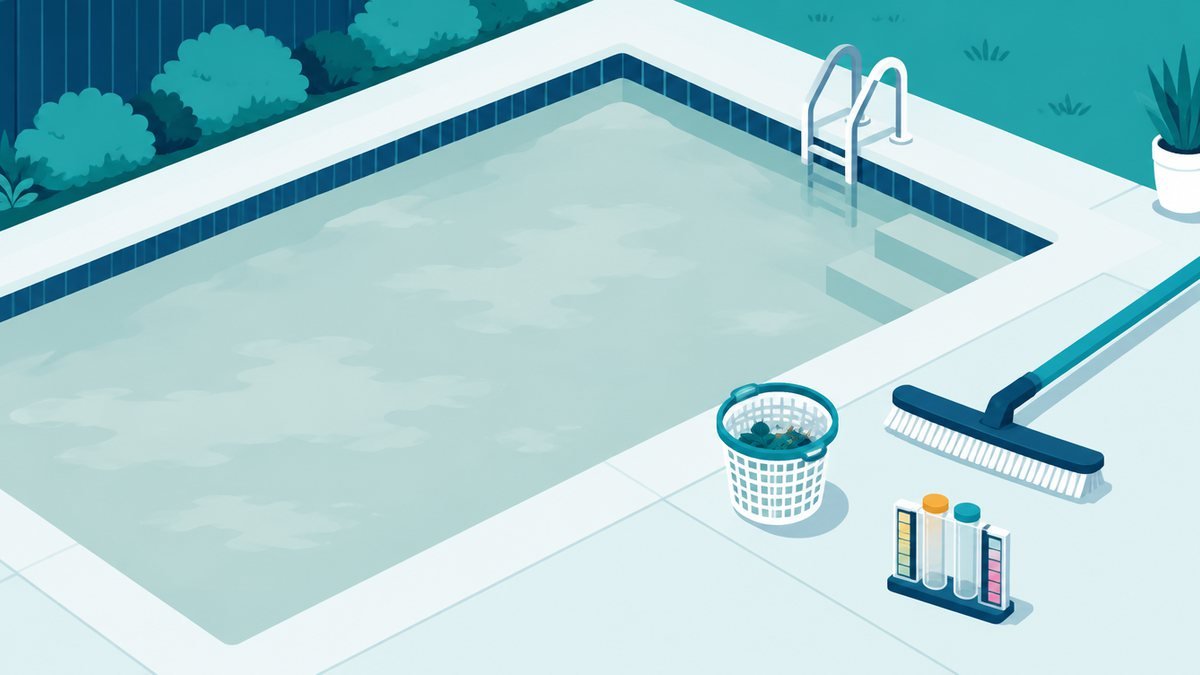 Backyard pool with milky pale-gray turquoise water, a skimmer basket, a pool brush and a water test kit on the deck beside it
