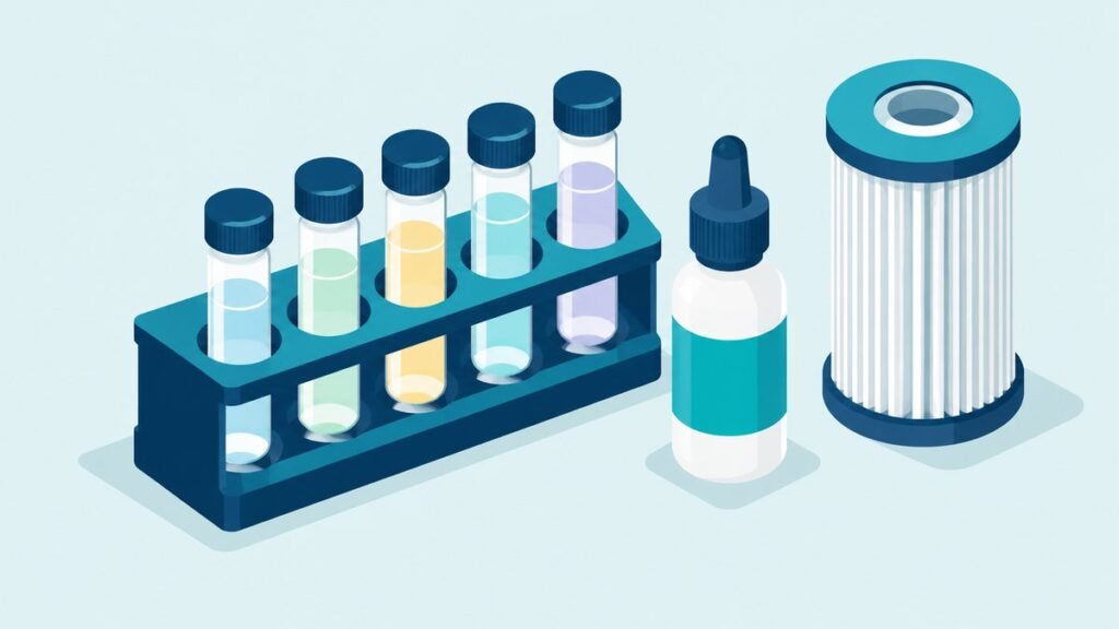 Water test kit with small vials in pale colors in a rack, a dropper bottle and a pleated cartridge filter element side by side on a flat surface