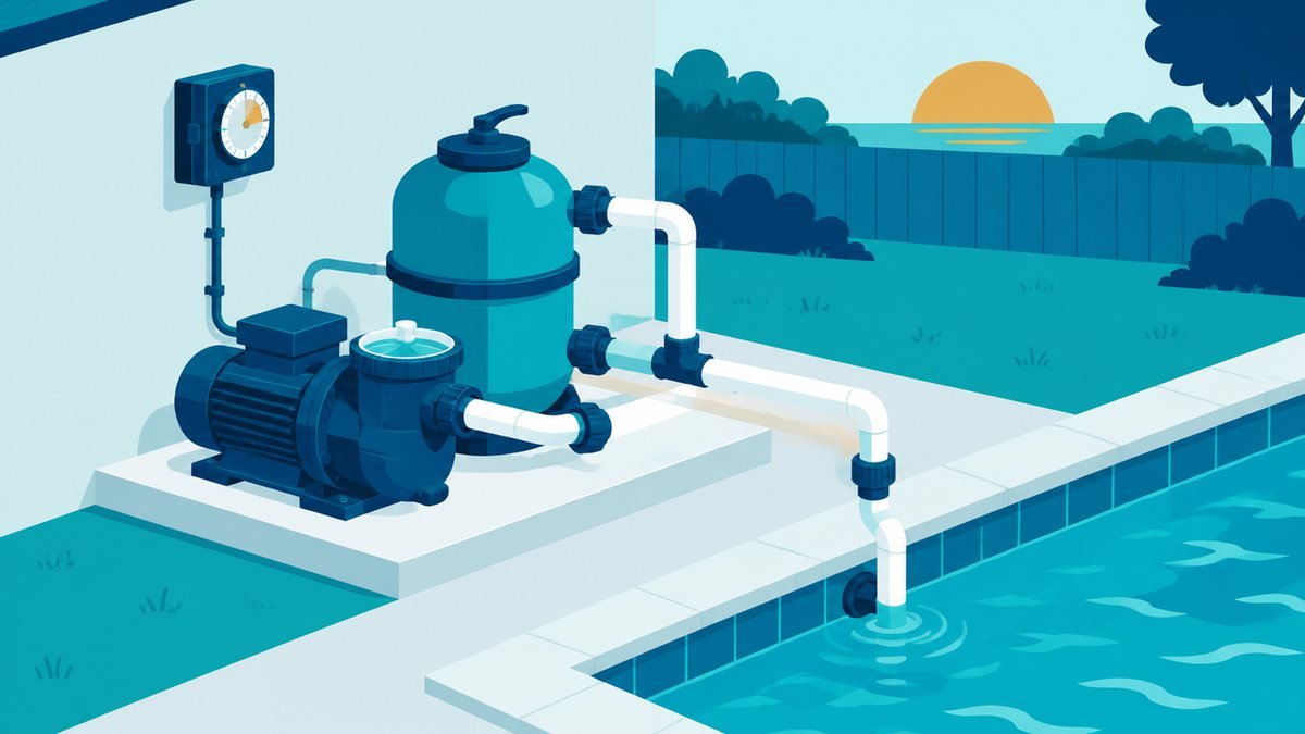 Pool pump on an equipment pad with a wall-mounted timer box with a round dial beside it, pipes running to the pool and a low sun over the yard