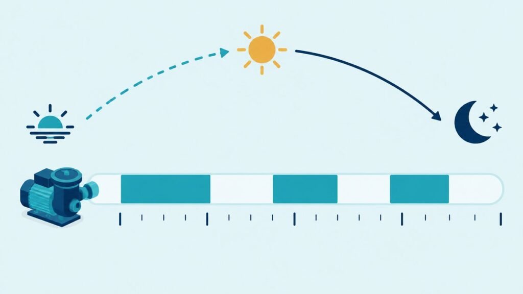 Daily schedule diagram with a sun arc and a moon arc above a horizontal bar of turquoise blocks showing the hours a pump runs, and a small pump icon at the left