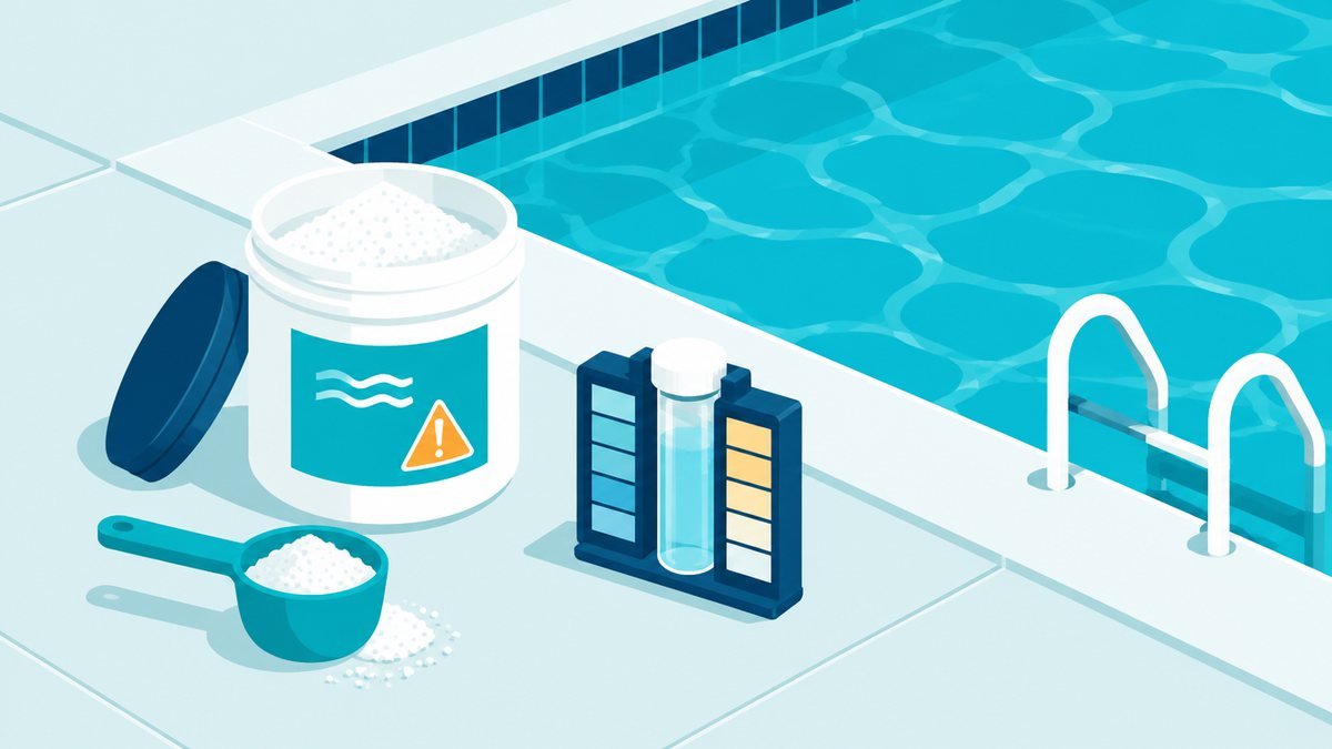 Pool edge with a scoop and an open container of white powder beside a test kit with a vial, a turquoise pool behind and a small amber caution triangle on the container