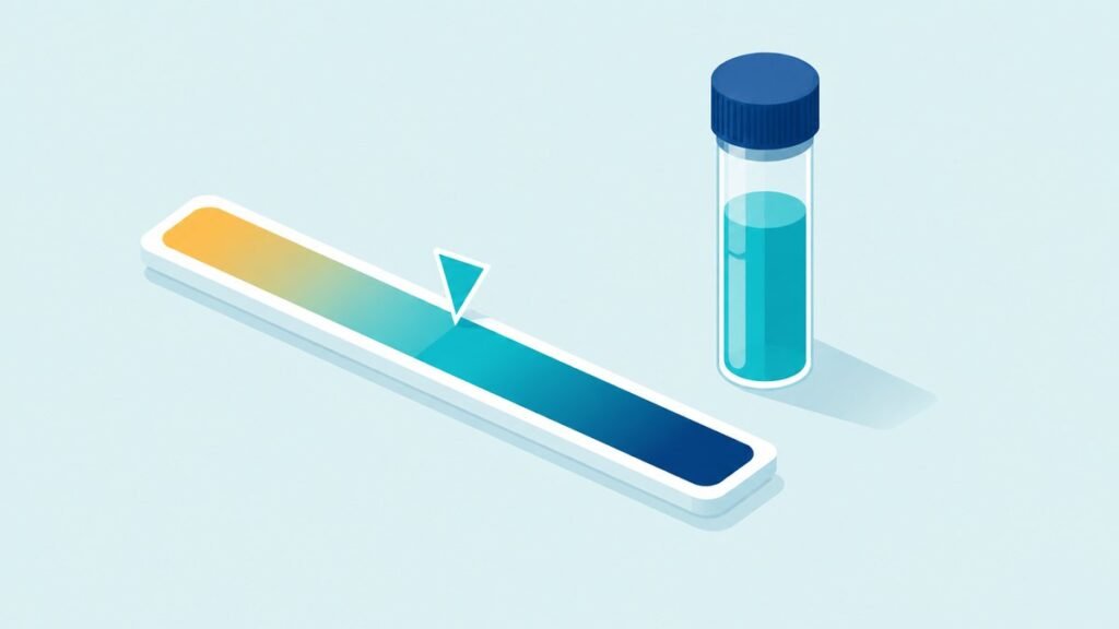 Horizontal gradient scale bar from pale amber on the left to navy blue on the right with a small arrow pointing at a turquoise middle zone and a test vial beside it