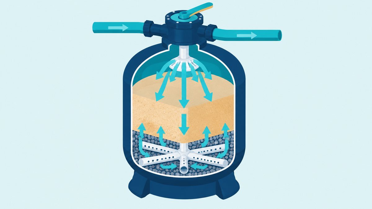 Cutaway of a pool sand filter tank showing layers of fine sand and gravel, lateral pipes at the bottom, a multiport valve on top and turquoise arrows for water flowing down