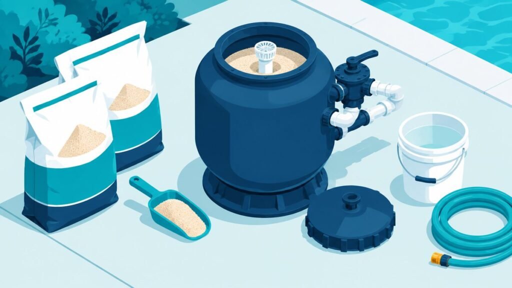 Two heavy bags of filter sand and a plastic scoop beside a sand filter tank with its lid off, a bucket and a hose on a flat patio